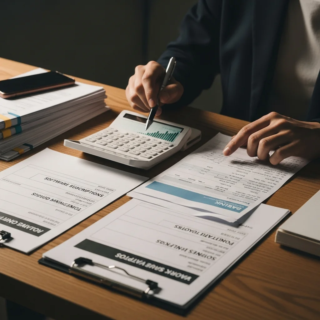 A freelancer with a calculator adding up SaaS tool costs category by category