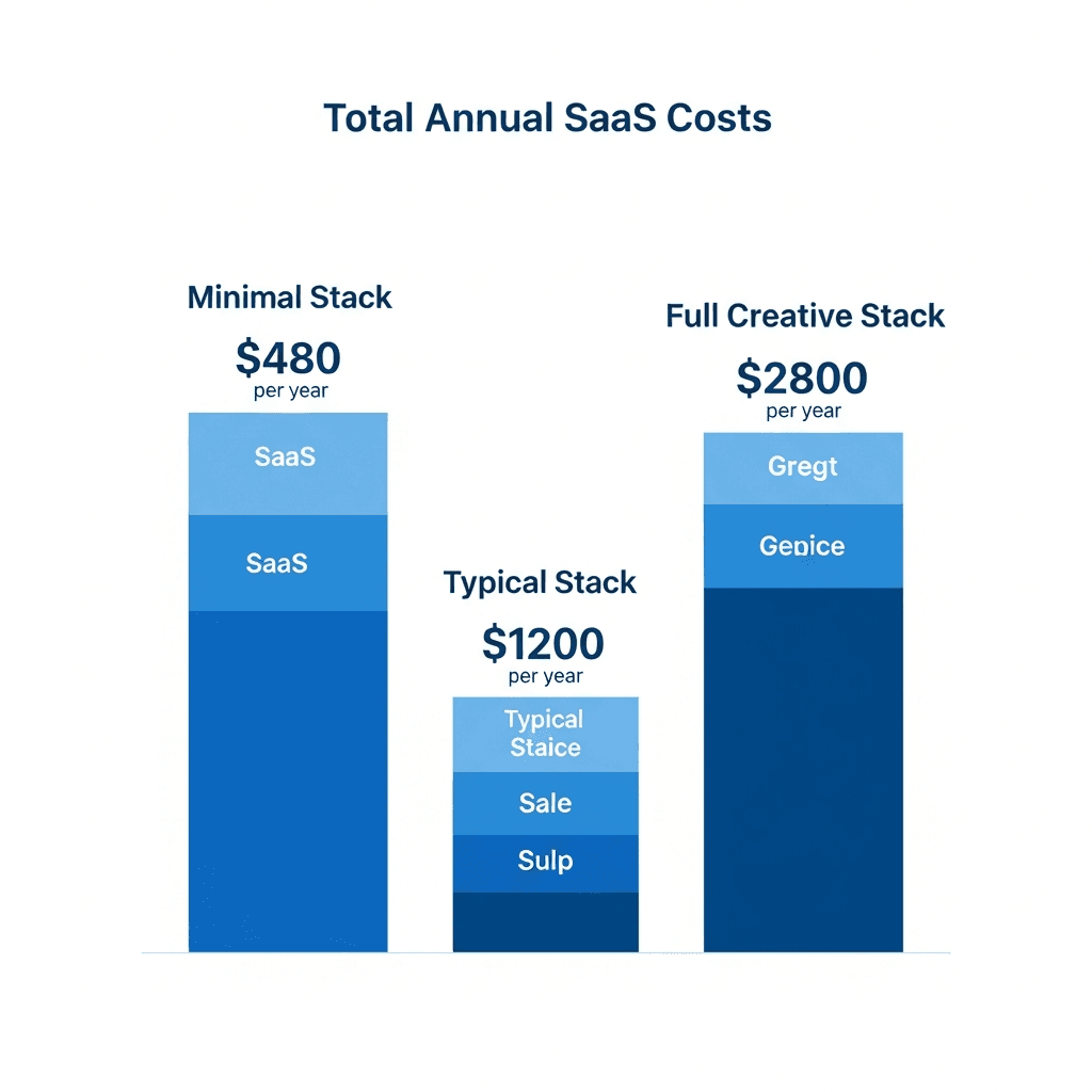 Stacked bar chart: minimal stack $480/year, typical stack $1,200/year, full creative stack $2,800/year
