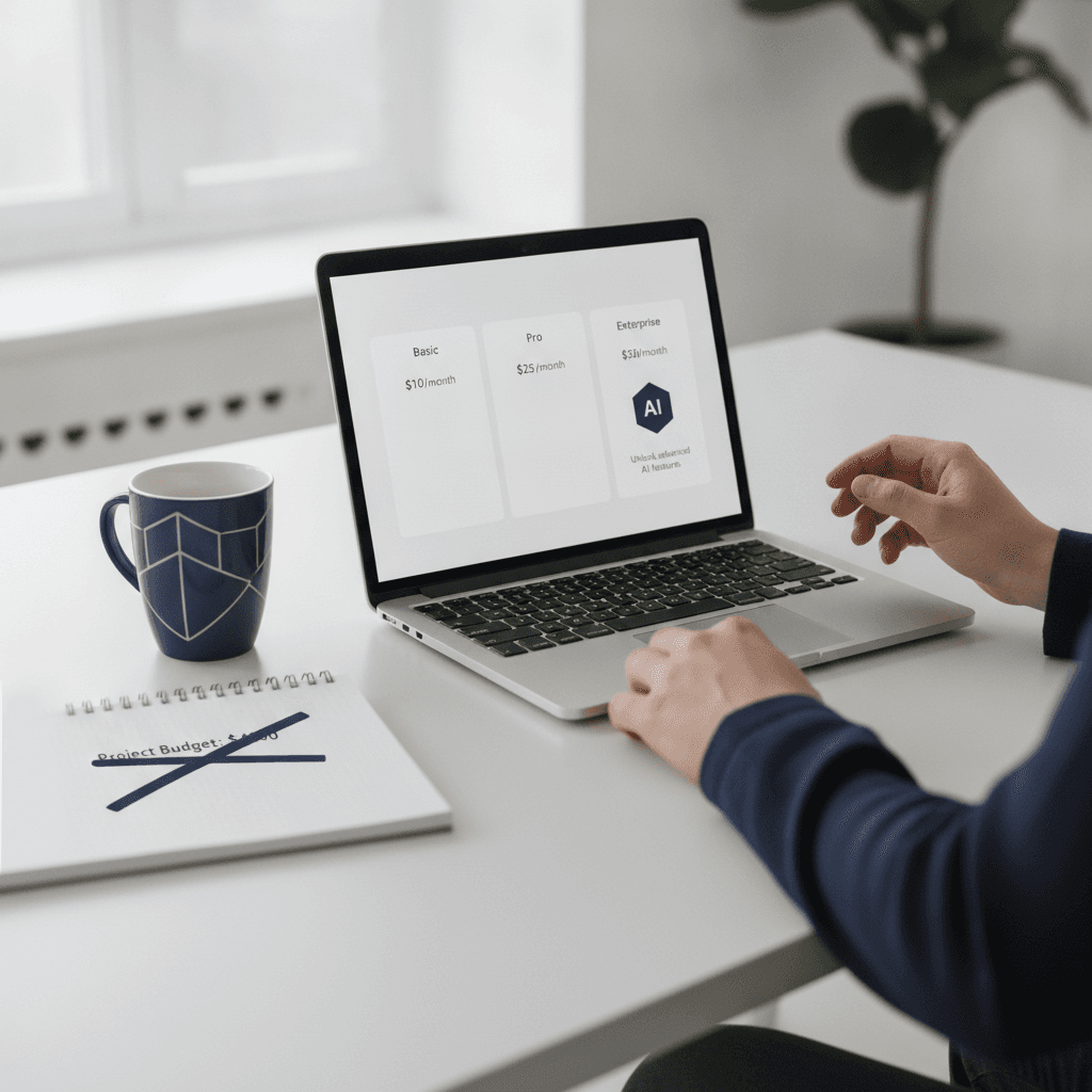 A laptop showing a project management tool pricing page with an AI badge next to a higher-priced tier