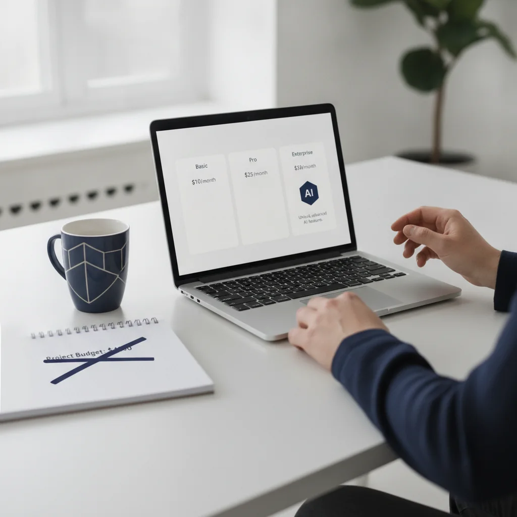 A laptop showing a project management tool pricing page with an AI badge next to a higher-priced tier