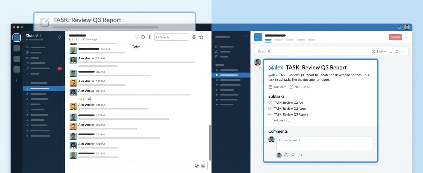 Split view showing a Slack notification buried in a busy channel vs the same @mention inside a task with full context