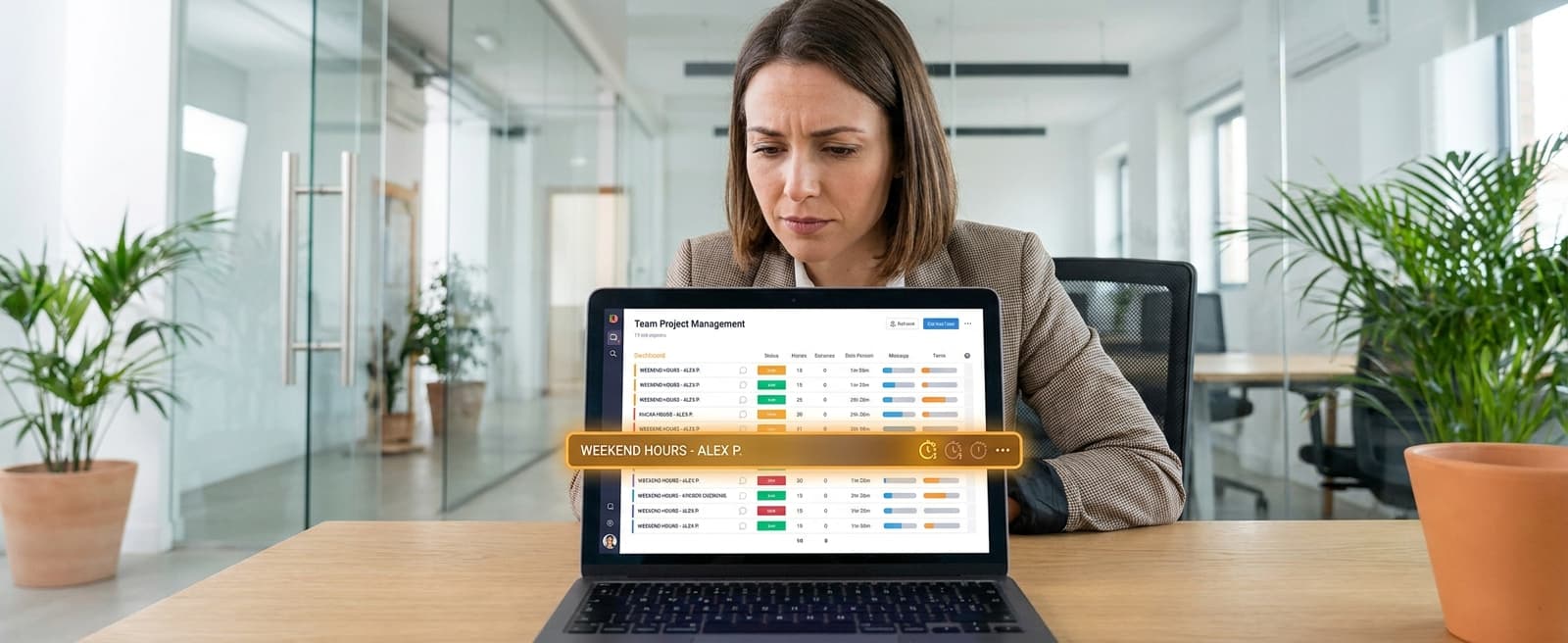 A manager looking at a team dashboard with one team member's weekend timer entries highlighted in amber