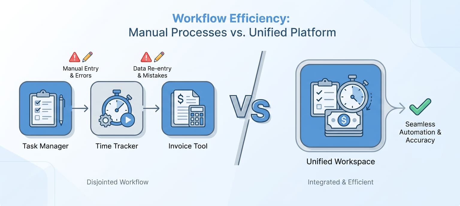Flat design diagram showing three disconnected tools with manual data entry error points vs a single unified workspace