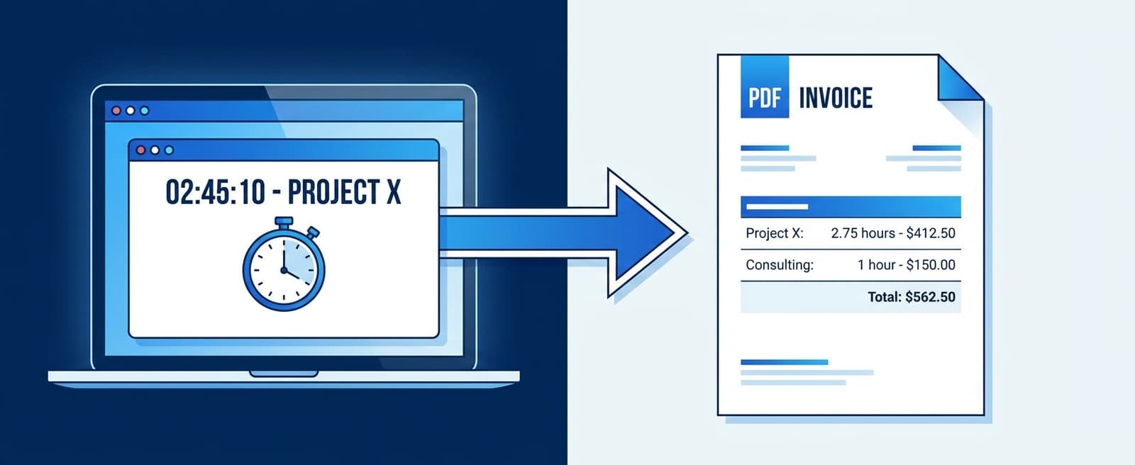 Split screen: running task timer on the left, matching invoice PDF on the right, arrow connecting the two