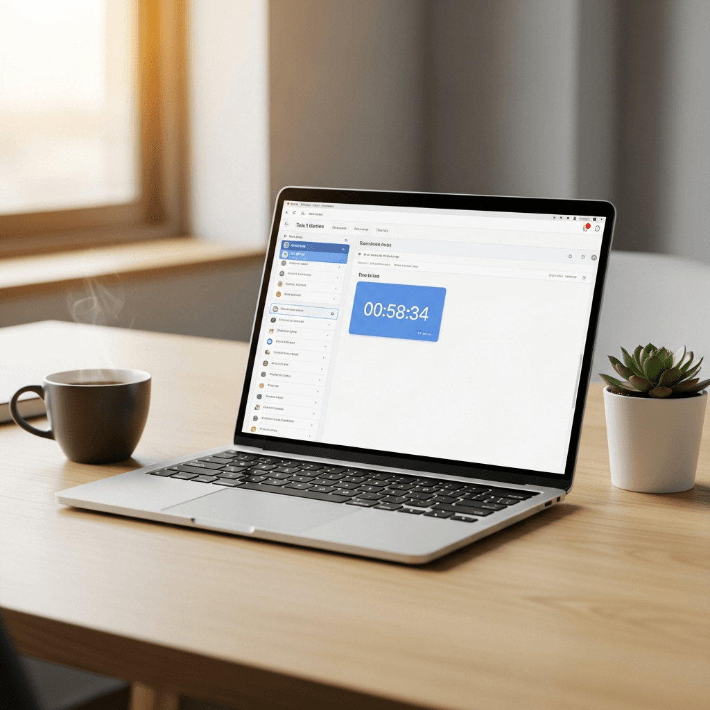 A freelancer's desk with a timer running directly inside a task card, one focused window