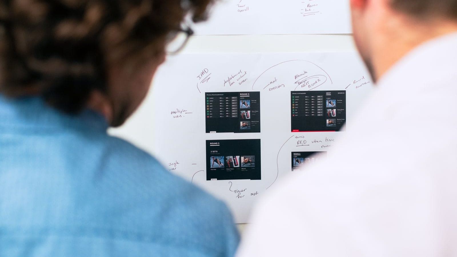 Two developers planning a release over printed screen mockups instead of a burndown chart