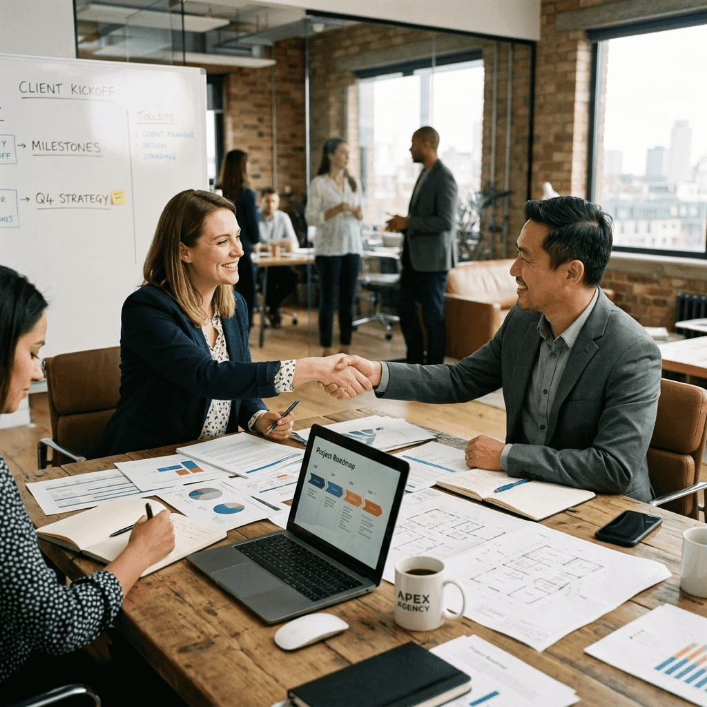 Featured illustration showing: An agency team member and a new client shaking hands over a desk covered in project documents