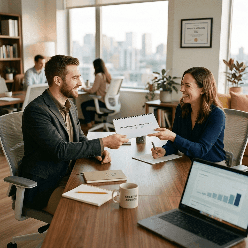 Featured illustration showing: A focused freelancer working in a bright, organized home office environment with a digital task board open on their screen showing clear progress towards a deadline