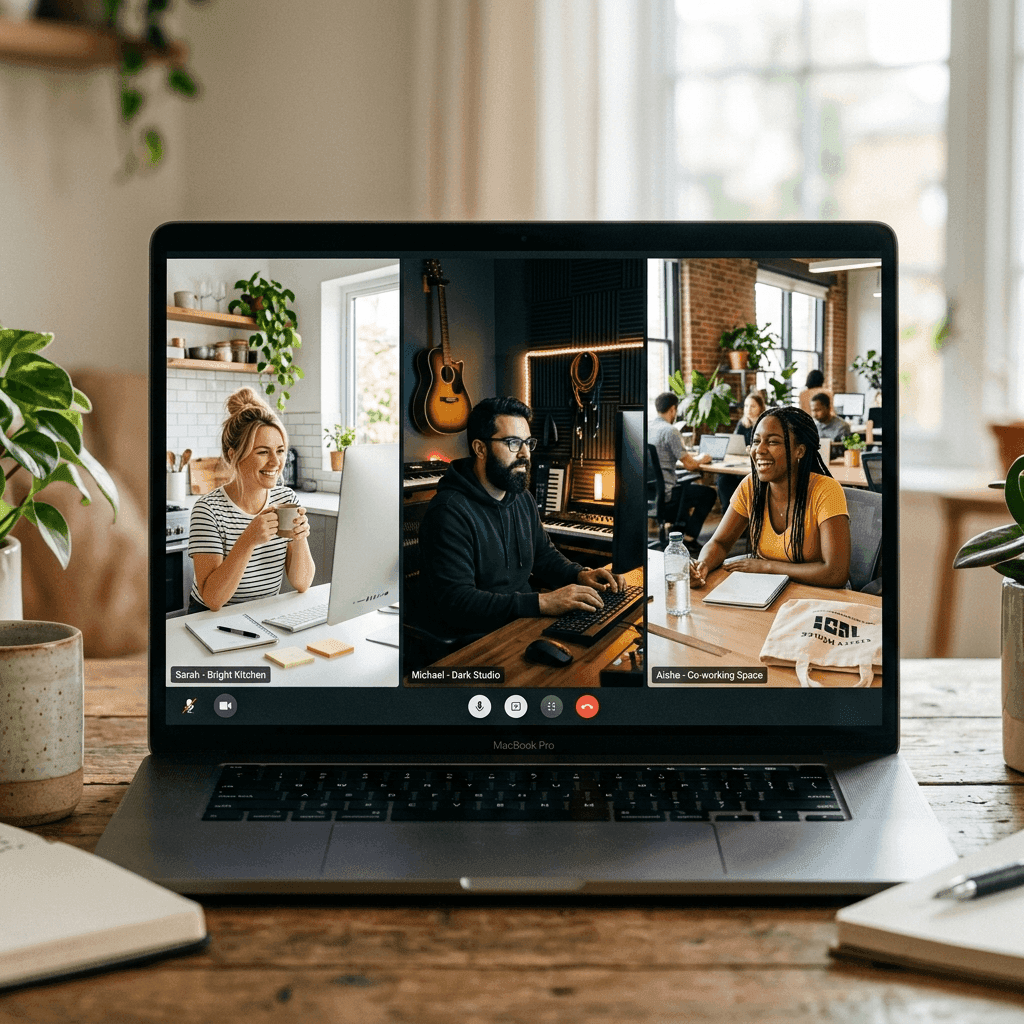 Featured illustration showing: Three remote team members on video call, each at a different home workspace one in a bright kitchen, one in a dark studio, one in a co-working space