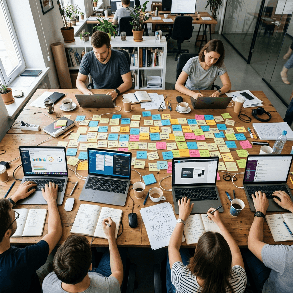 Featured illustration showing: An overhead view of a team's workspace with overlapping sticky notes, open laptops showing different apps, coffee cups, and scattered papers