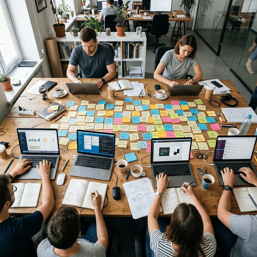 Featured illustration showing: An overhead view of a team's workspace with overlapping sticky notes, open laptops showing different apps, coffee cups, and scattered papers