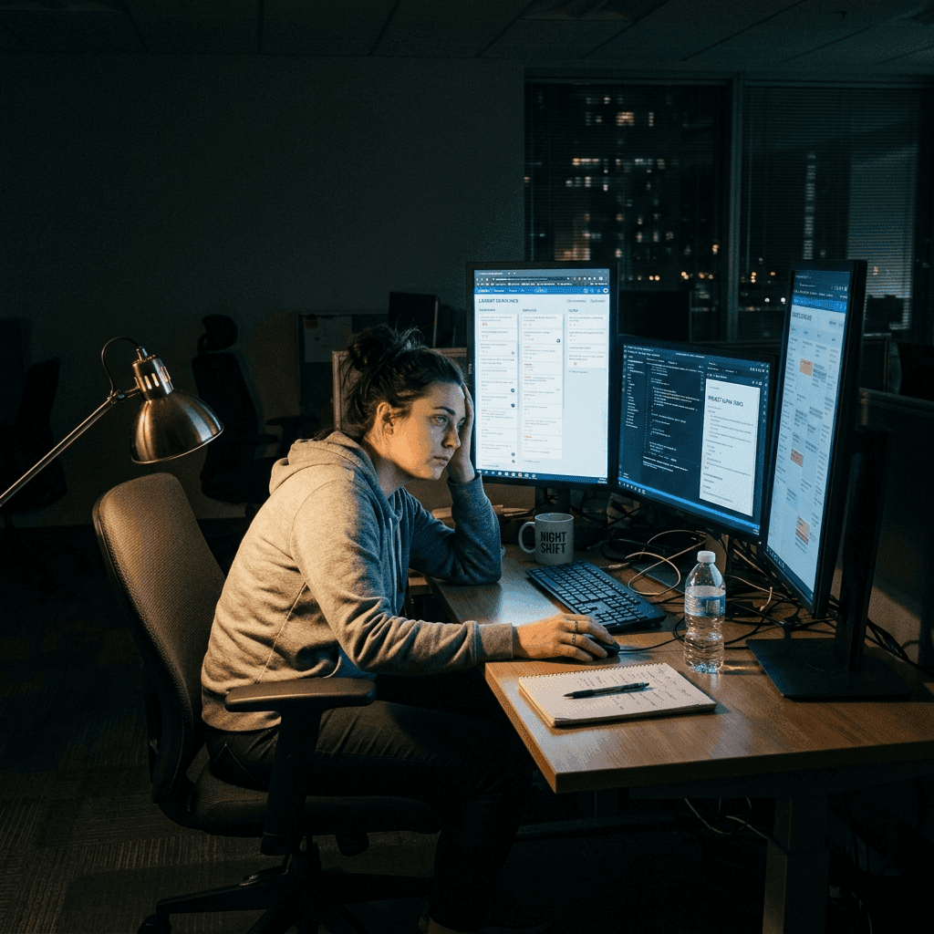 Featured illustration showing: A team member sitting alone at a desk late at night, surrounded by multiple monitors with task lists, looking exhausted