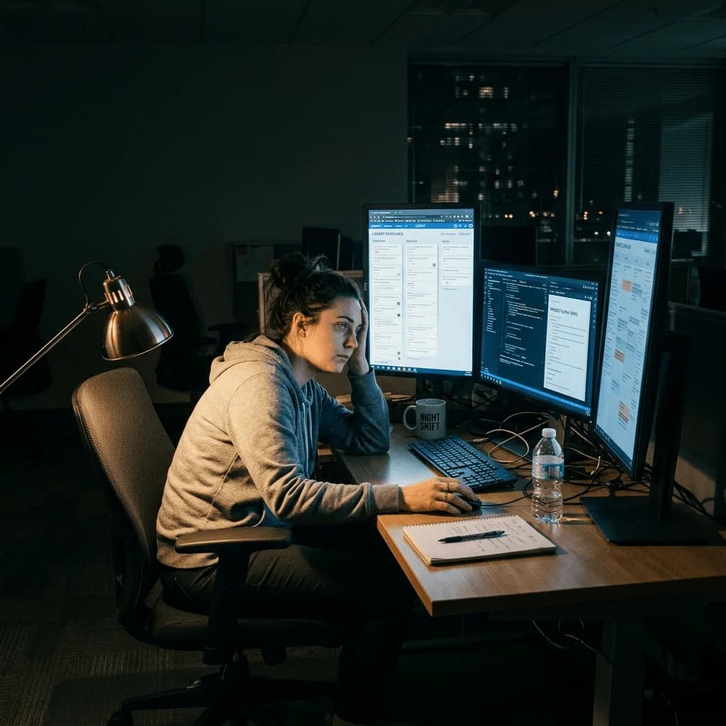 Featured illustration showing: A team member sitting alone at a desk late at night, surrounded by multiple monitors with task lists, looking exhausted