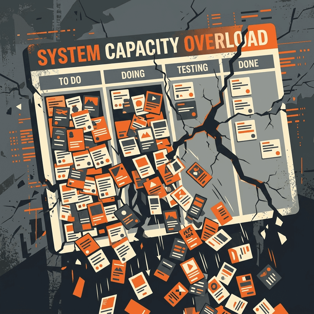 Featured illustration showing: A crowded, disorganized Trello board with dozens of cards, overlapping labels, and an overflowing screen showing high-complexity clutter
