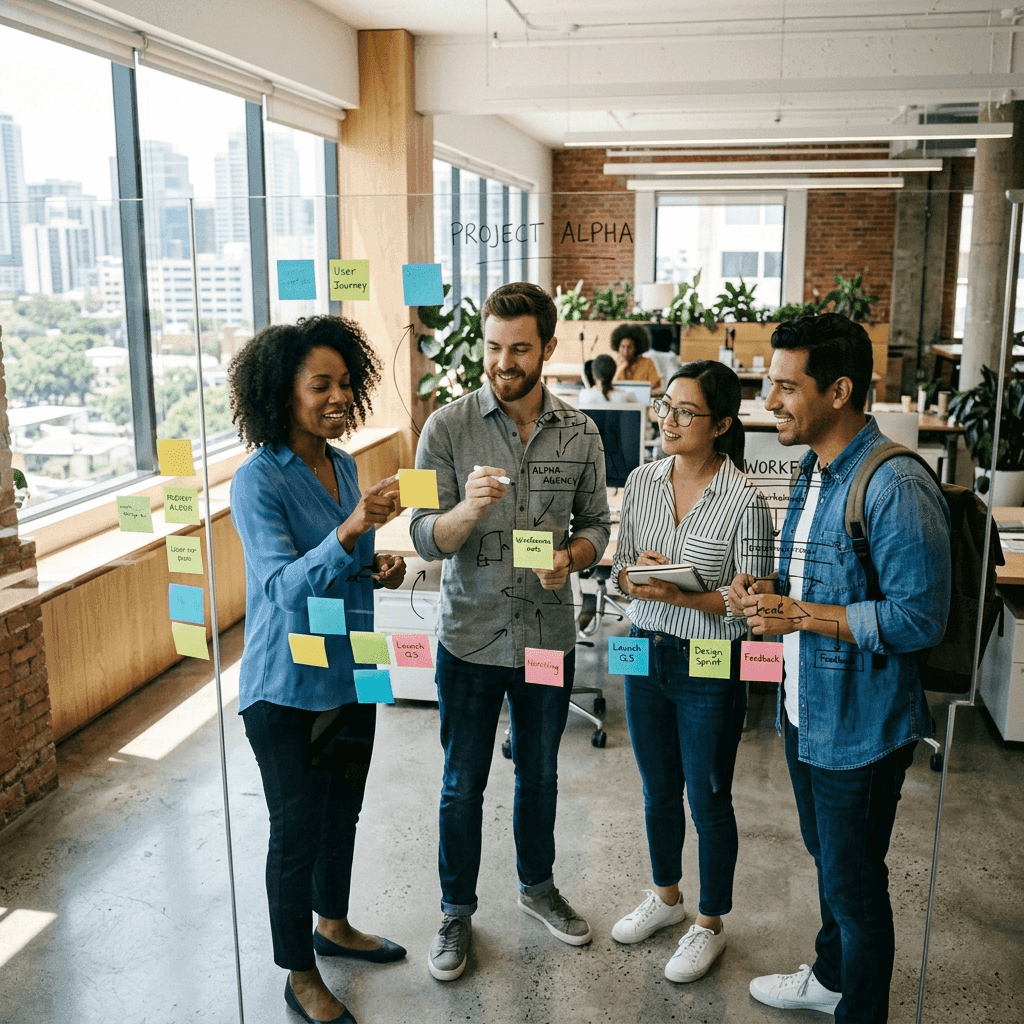 Featured illustration showing: A small creative agency team of four people gathered around a whiteboard covered in sticky notes and workflow diagrams