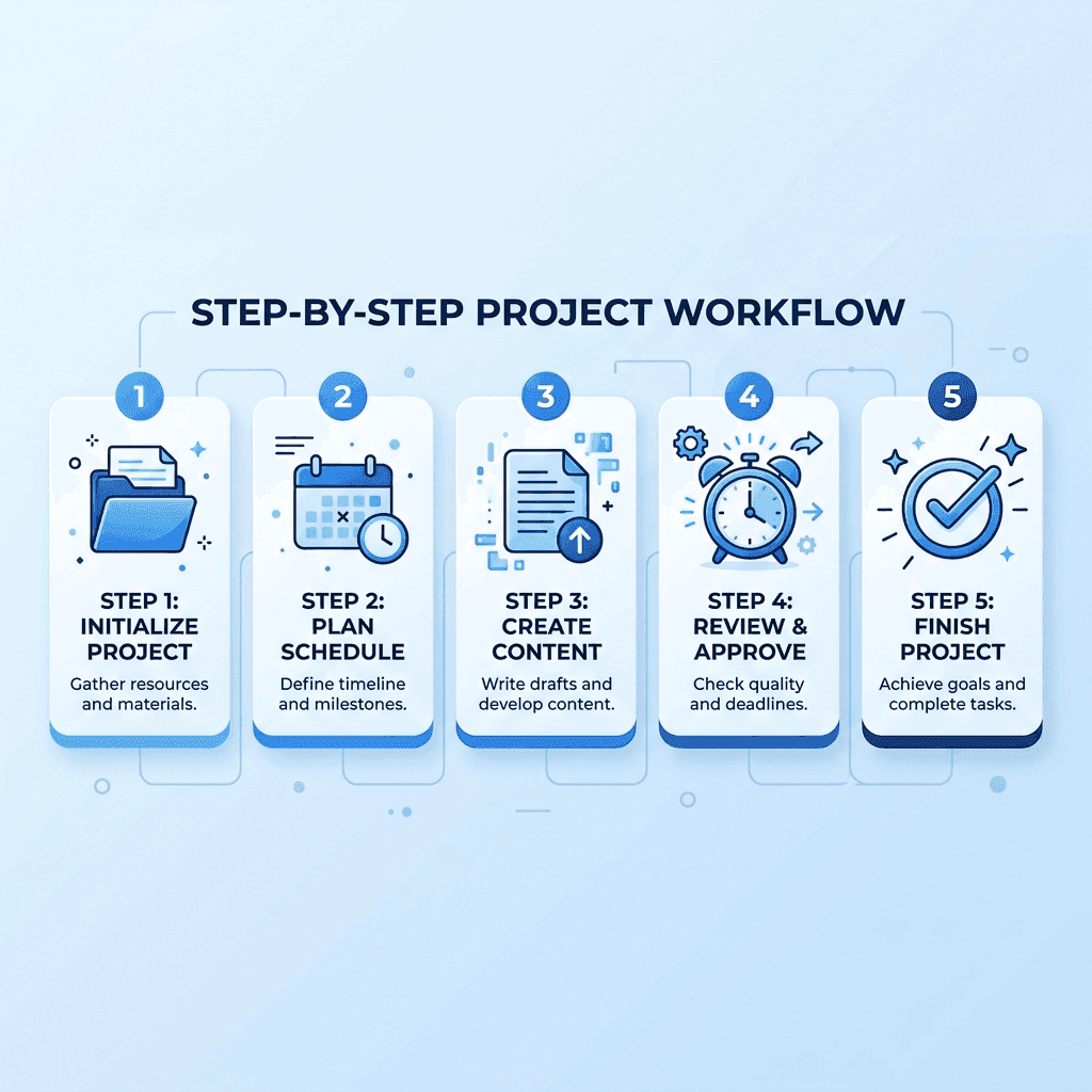 A diagram showing a 5-step clean workflow: centralized tasks, deadlines, documented scope, task-level time tracking, and weekly reviews.