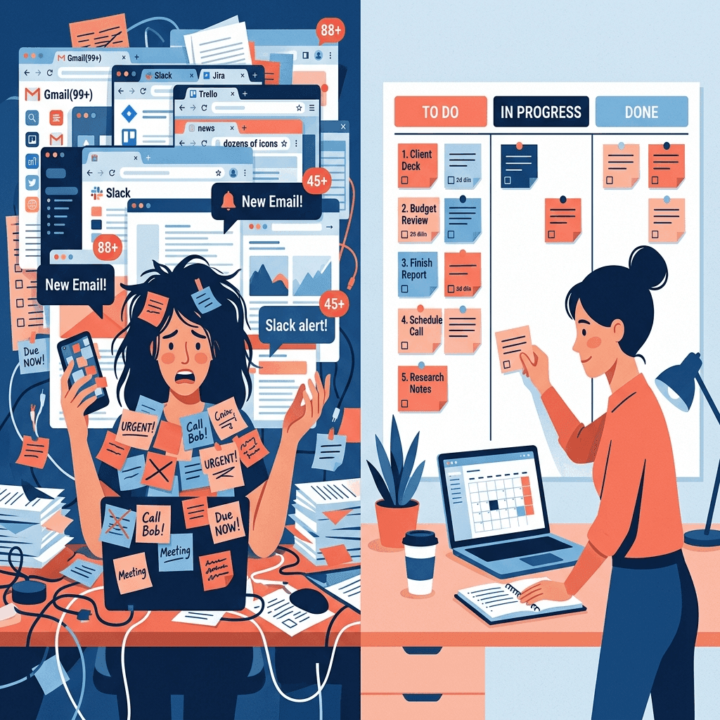 Illustration for section Sign 1: Nobody Knows What Anyone Else Is Working On: Two contrasting team views: left shows individuals isolated with their own task lists; right shows a unified shared board where all work is visible to everyone