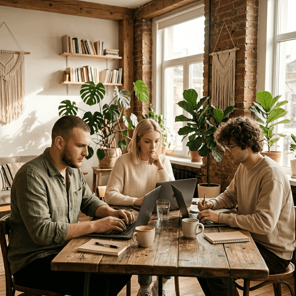 Melororium engineering team co-working on database optimization algorithms
