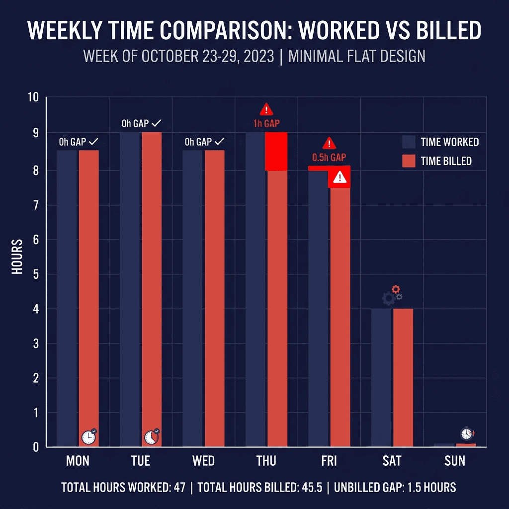 A visualization of untracked billable time leaking away, showing task blocks that were not logged or invoiced.
