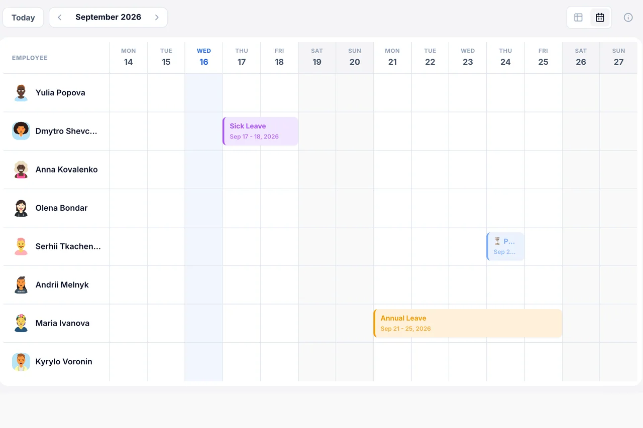 Time Off — Team calendar